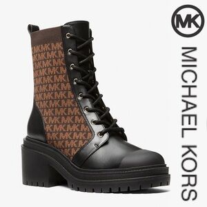 Michael Kors Hanley Stretch-Knit and Leather monogram Combat Boots*NWB
